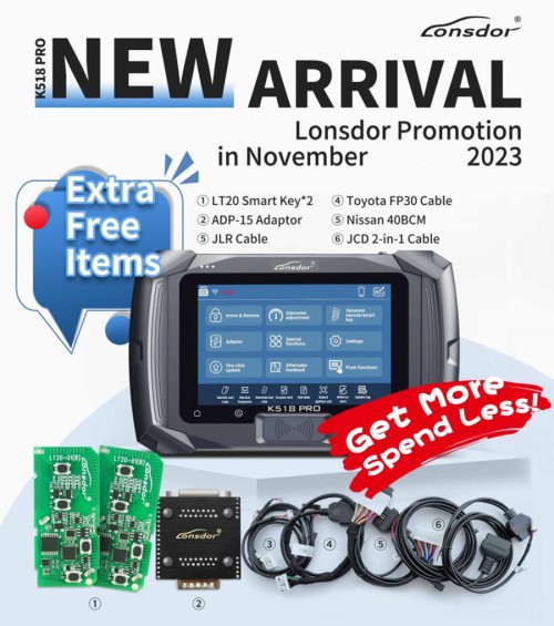 2024 Lonsdor K518 PRO Full Version All In One Key Programmer with 2pcs LT20, Toyota FP30 Cable, Nissan 40 BCM Cable JCD JLR and ADP Adapter
