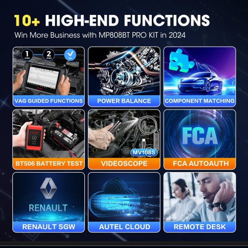 Autel MaxiPRO MP808BT Pro Kit with OBDII Adapters Support 3000+ Bidirectional Support ECU Coding, 30+ Services 150 Makes, FCA AutoAuth