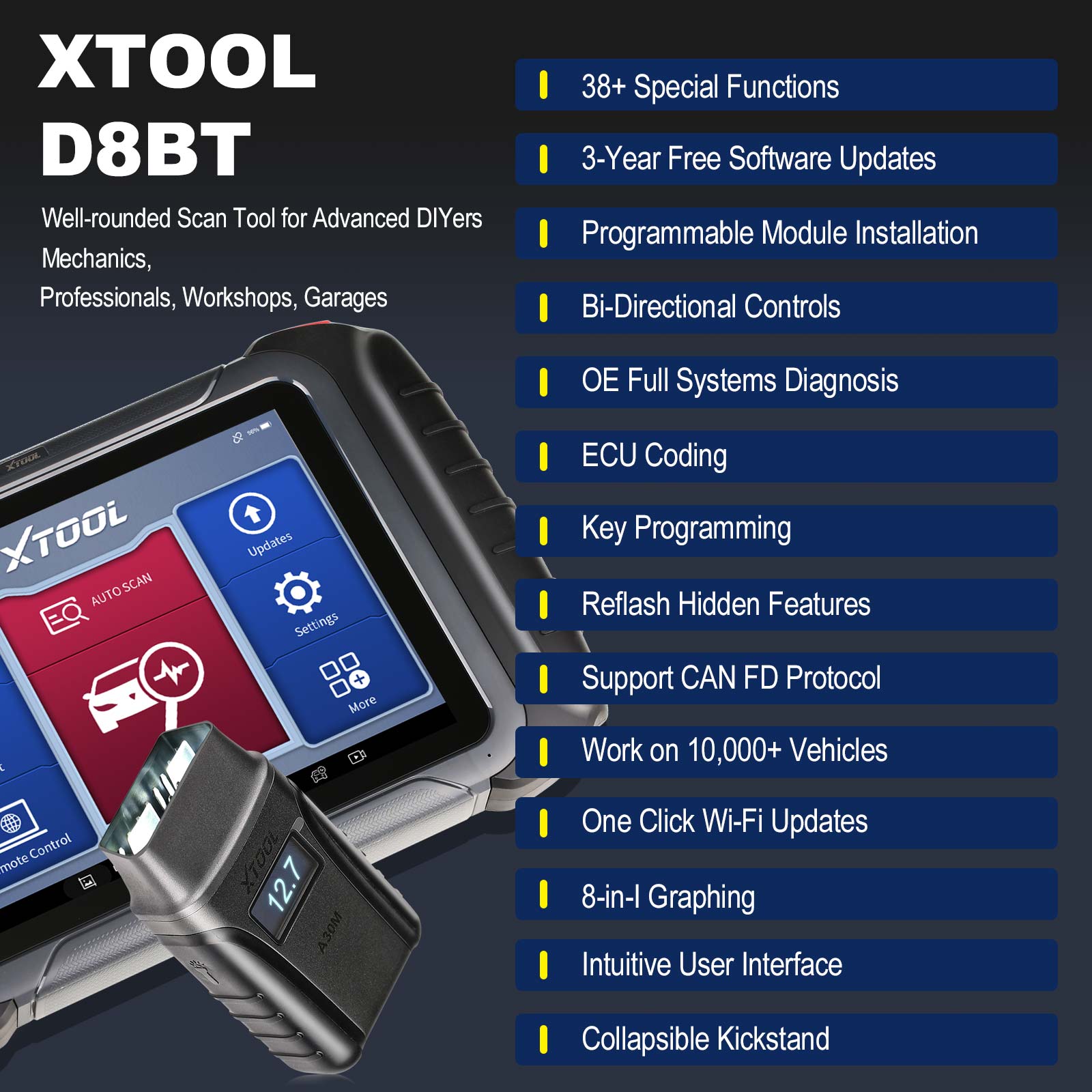 XTOOL A30 Pro Car OBD2 Diagnostic Scan Tool Bidirectional Key Programmer  Tool